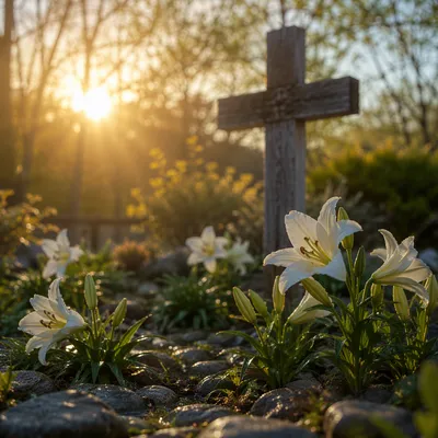 Easter Garden Cross Among White Lilies