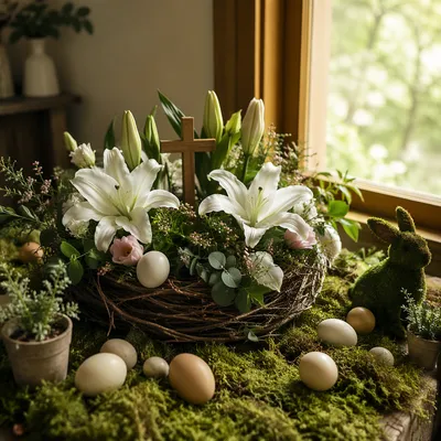 Easter Garden with Lilies and Wooden Cross