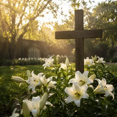 Easter Garden Cross Among White Lilies