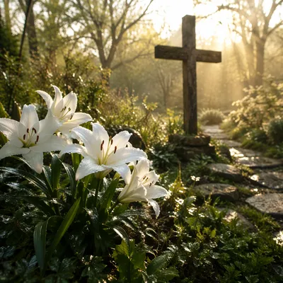 Easter Garden Cross with Blooming White Lilies