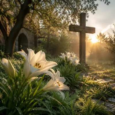 Easter Lilies Before Weathered Chapel Cross