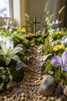 Easter Garden Path with Lilies and Crosses