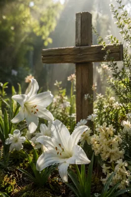 Easter Garden Lilies Around Wooden Cross