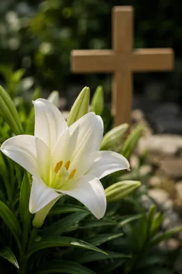 Easter Lily Garden with Wooden Cross