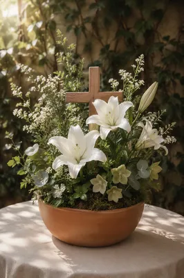 Easter Lilies and Wooden Cross Garden