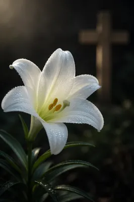 Dewy Easter Lily With Wooden Cross