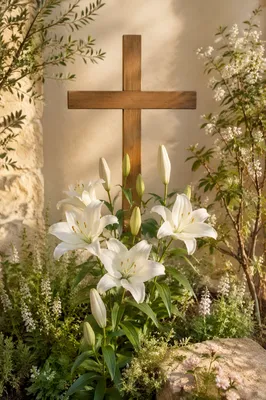 Easter Garden Lilies with Wooden Cross