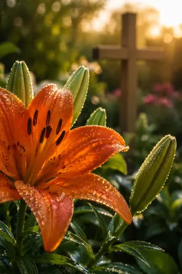 Easter Lilies with Distant Wooden Cross