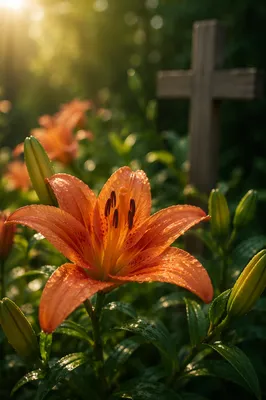Dewy Easter Lily Garden with Wooden Cross