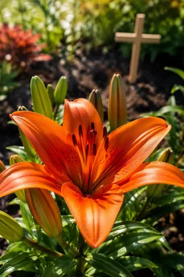 Orange Easter Lily with Garden Cross