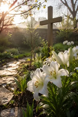 Easter Garden Cross with White Lilies