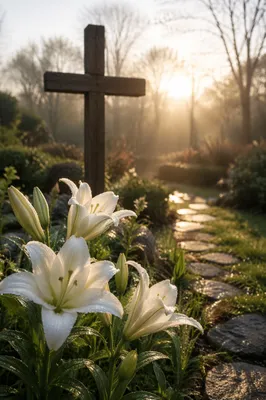 Easter Garden Cross with White Lilies