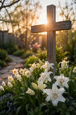 Easter Garden Cross Among White Lilies