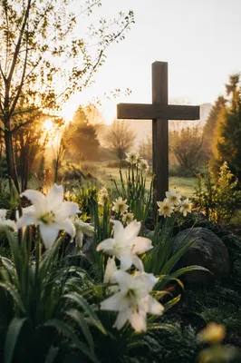 Easter Sunrise Garden with Lilies and Cross