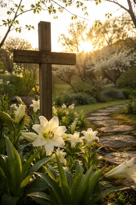Easter Garden Cross with Blooming White Lilies