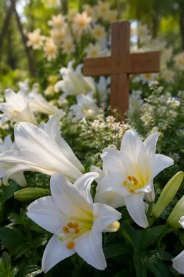 Easter Garden Lilies and Wooden Cross