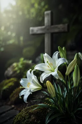 Easter Garden Lilies and Wooden Cross