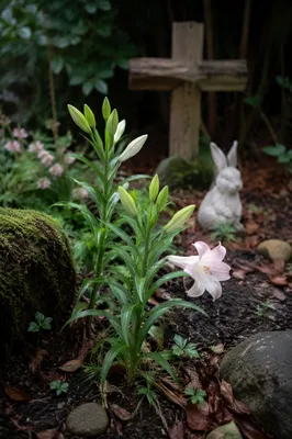 Easter Garden Lilies and Wooden Cross