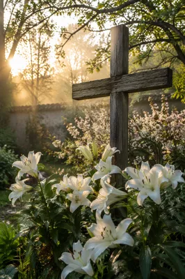 Easter Garden Cross with White Lilies