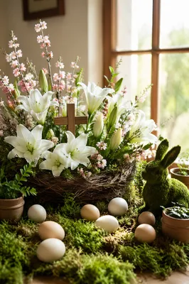 Easter Garden with Lilies and Wooden Cross