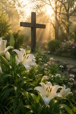 Easter Garden Lilies Beside Wooden Cross