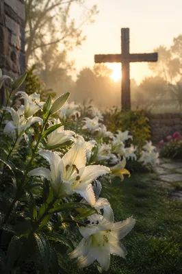Easter Garden Lilies Before Wooden Cross