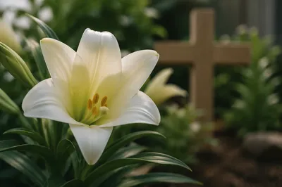 White Easter Lily Garden with Wooden Cross