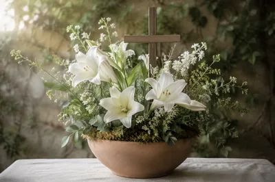 Easter Lilies and Wooden Cross Garden