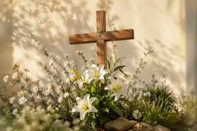 Easter Garden Lilies With Wooden Cross