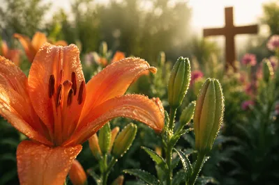 Easter Lilies with Dew and Wooden Cross