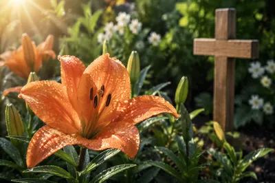 Easter Garden Lily with Wooden Cross