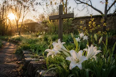 Easter Garden Lilies Before Wooden Cross