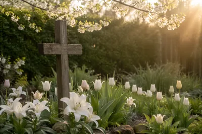 Easter Garden Cross Among Blooming Lilies