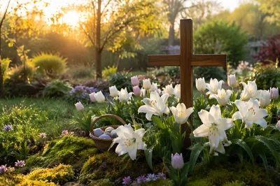 Sunrise Easter Garden with Lilies Cross