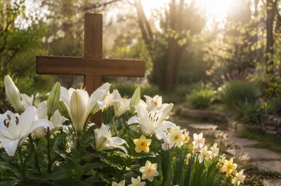 Easter Garden Cross with White Lilies