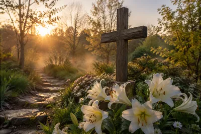 Easter Garden Cross with White Lilies