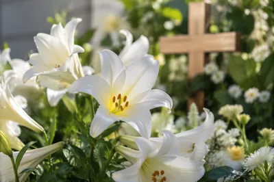Easter Garden Lilies with Wooden Cross