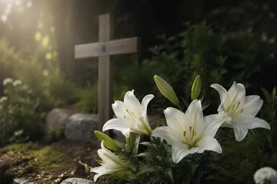 Easter Garden Lilies and Wooden Cross