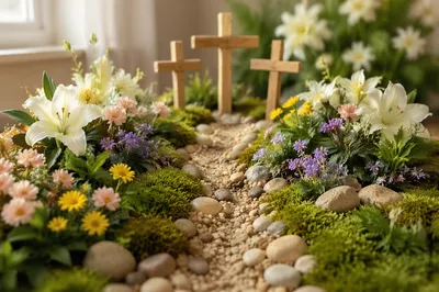 Easter Garden Path with Lilies and Crosses