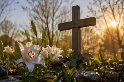 Easter Garden Cross Among White Lilies