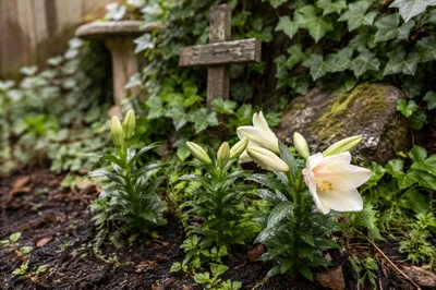 Peaceful Easter Garden with Lilies and Cross