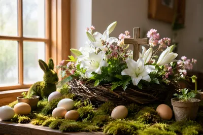 Easter Garden Lilies with Wooden Cross