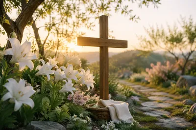 Easter Garden Cross with White Lilies