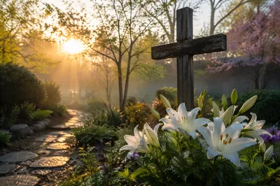 Easter Garden Cross with White Lilies