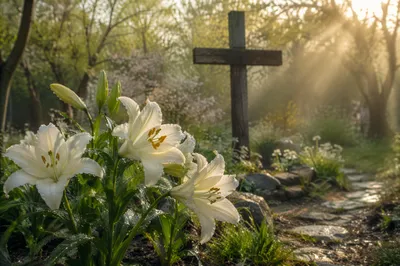 Easter Garden Lilies Beside Wooden Cross
