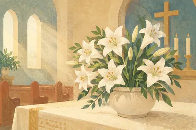 Pure White Easter Lilies on Church Altar