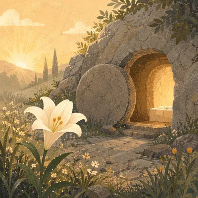 Easter Lily Beside Empty Tomb at Dawn