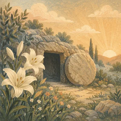 Easter Lilies Beside the Empty Tomb