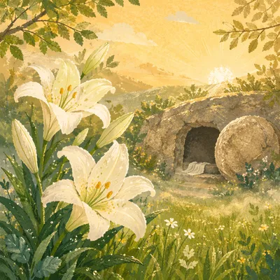 Easter Lilies Near Empty Tomb at Sunrise