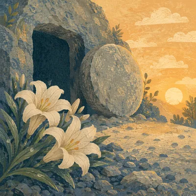 Easter Lilies Beside the Empty Tomb